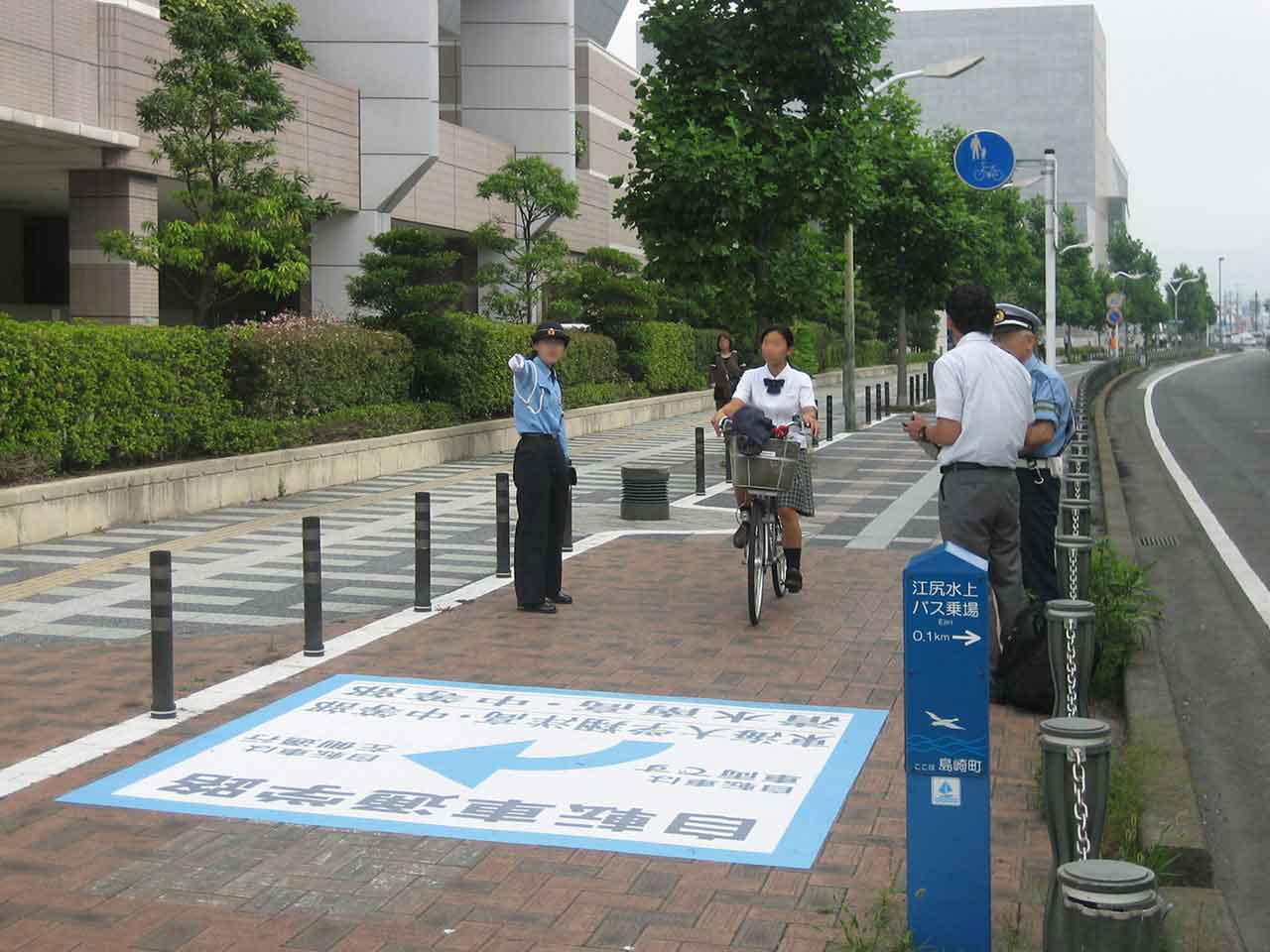 誘導サイン　自転車通学路　路面標示社会実験
